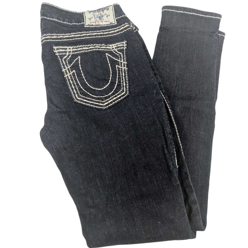 True Religion Skinny Big T Jeans Dark Indigo Contrast Stitch Women Size 28 USA